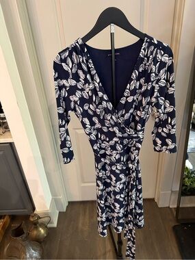 41 Hawthorn Navy Wrap Dress with White Leaf Print
